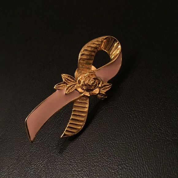 Vintage golden pink ribbon rose pin - Picture 2 of 7